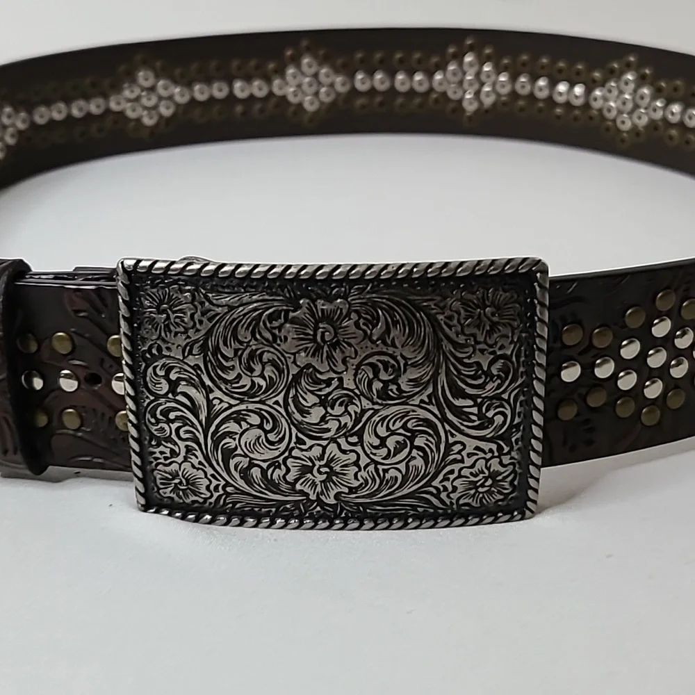 Vintage Y2K Perry Ellis Western Belt Embellished Scroll Design Faux Leather Brwn